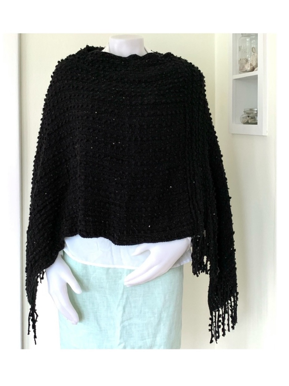 black knit poncho with sequins and fringe special occasion party